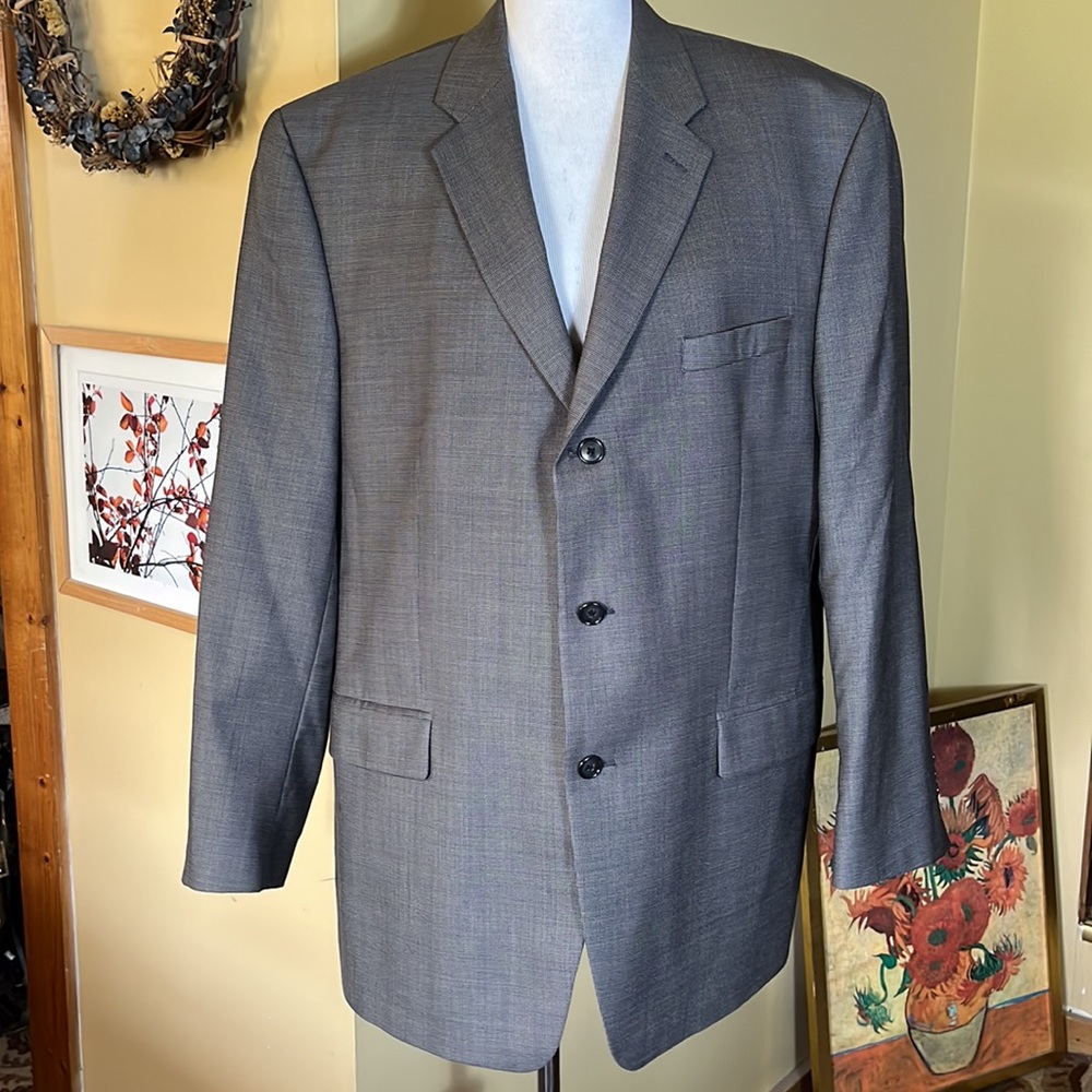CALVIN KLEIN Size 42 Lightwgt 100% Wool YearRound Classic Blazer Tan/Blue Micro